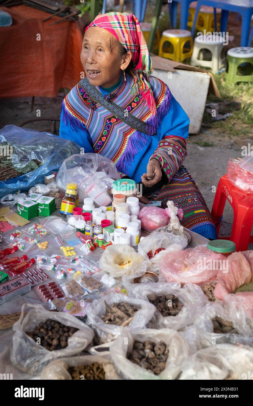 Fleur femme Hmong au marché de Can Cau dans la province de Lao Cai, Vietnam Banque D'Images