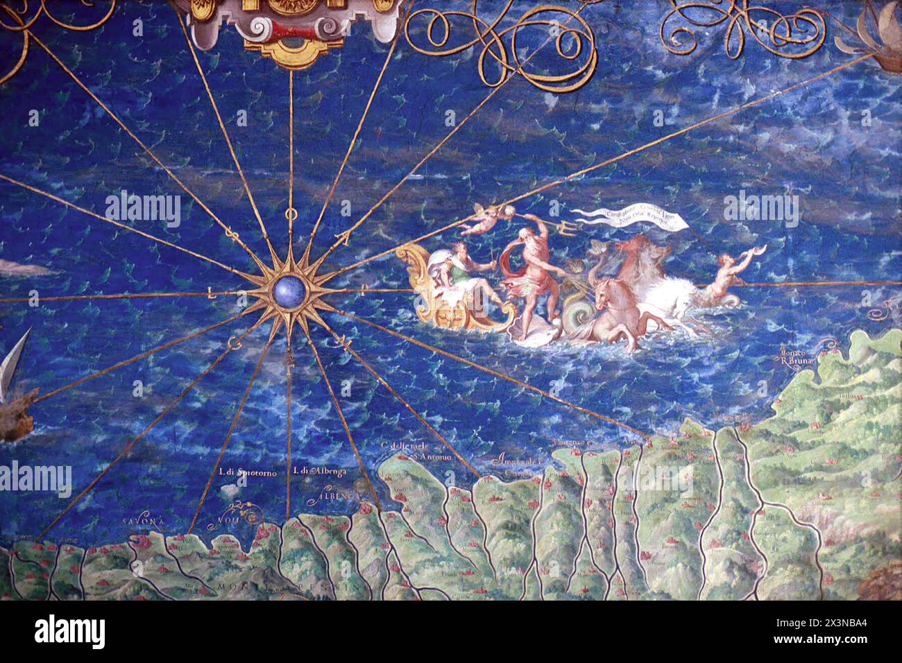 Peinture de Colomb conduit par Neptune sur coquillage conduit par des chevaux de mer avec merman portant la bannière trompant conque, salle de carte, Musée du Vatican, TVA Banque D'Images