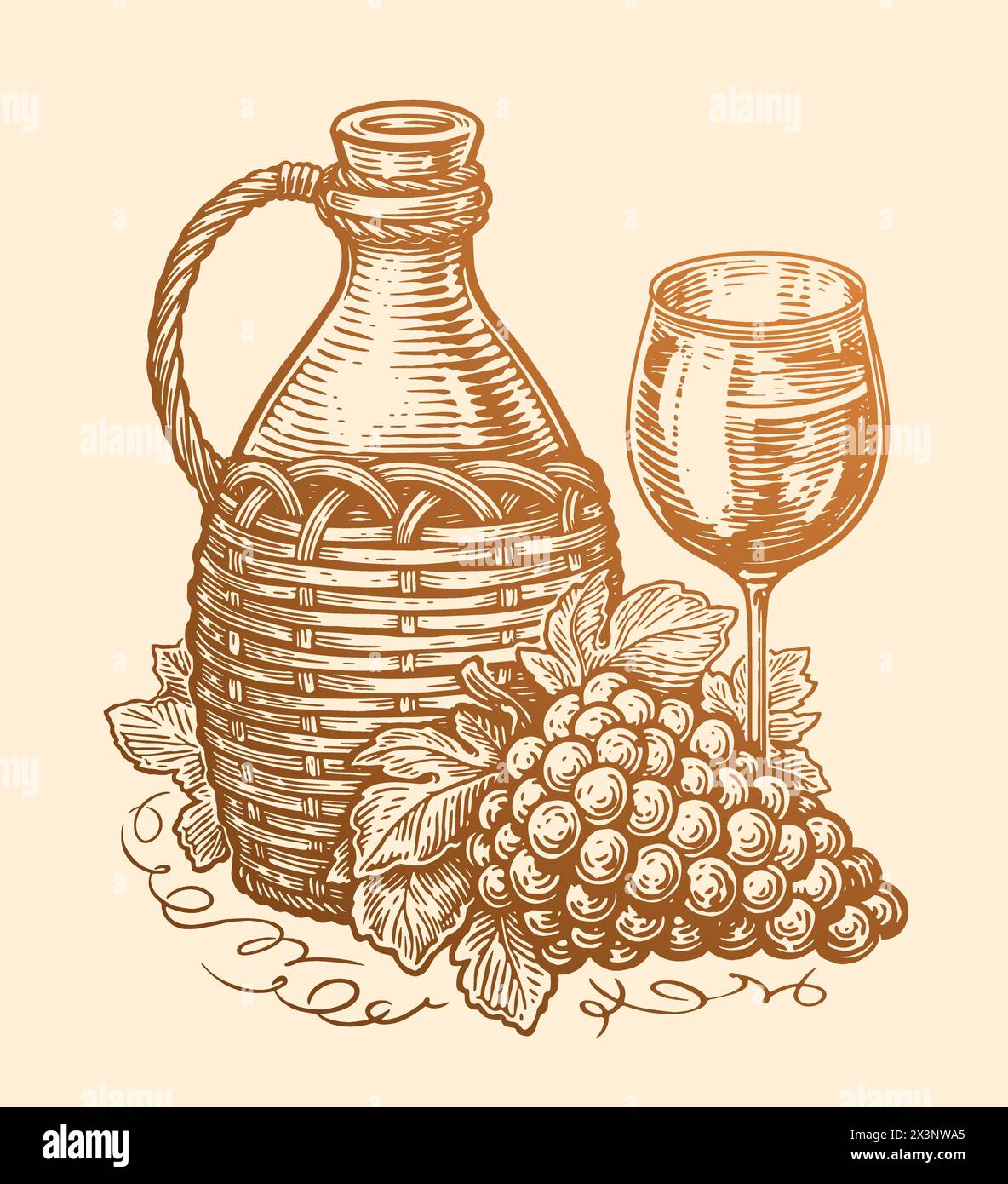 Bouteille ou pichet de vin avec verre de vin et grappe de raisin. Esquisse de natures mortes. Illustration vectorielle dans le style de dessin d'art Illustration de Vecteur