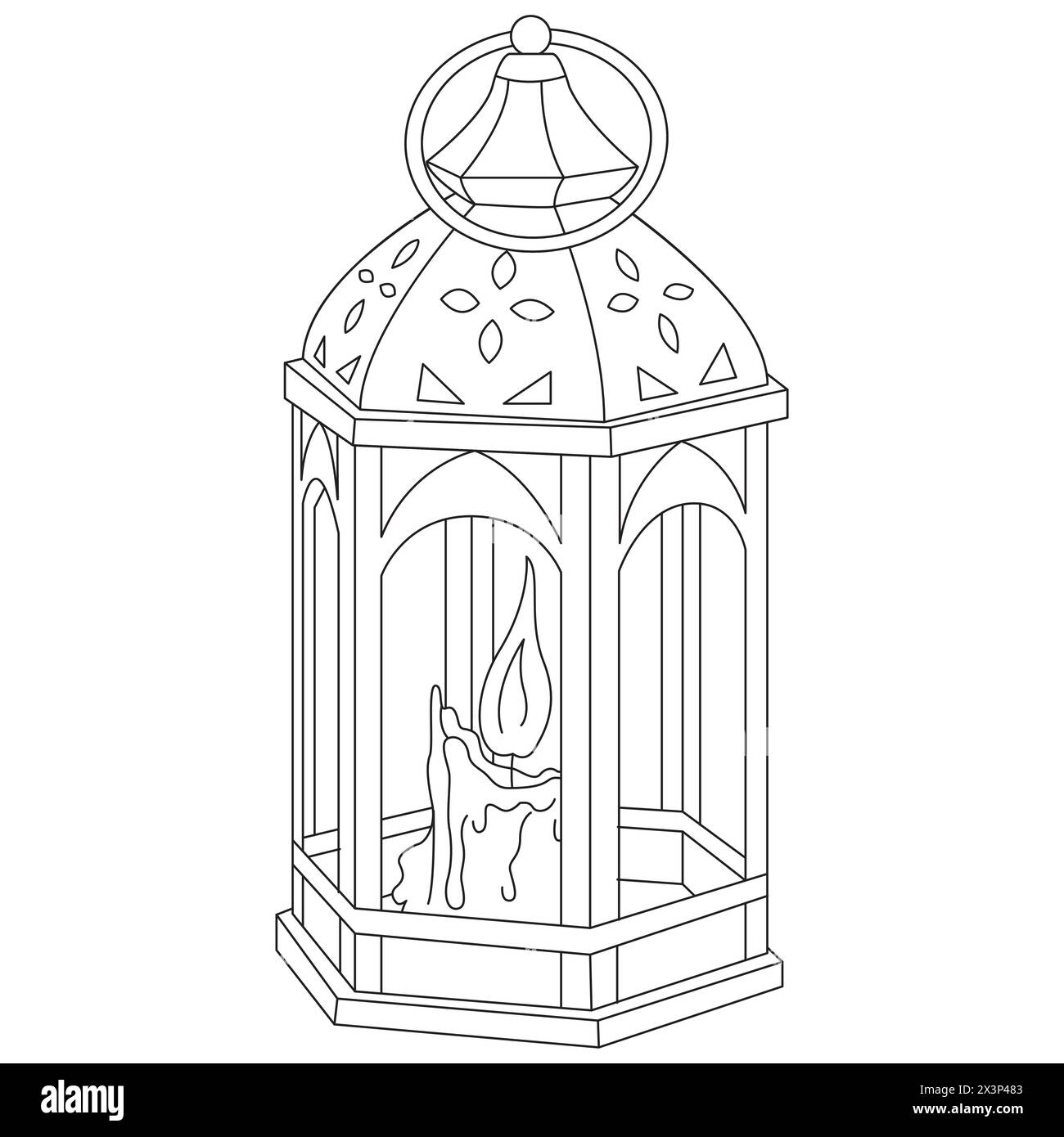 Lampe lanterne avec dessin animé vecteur de bougie isolé sur un fond blanc. Dessin au trait. Illustration en noir et blanc. Coloriage pour enfants et adultes. Illustration vectorielle Illustration de Vecteur