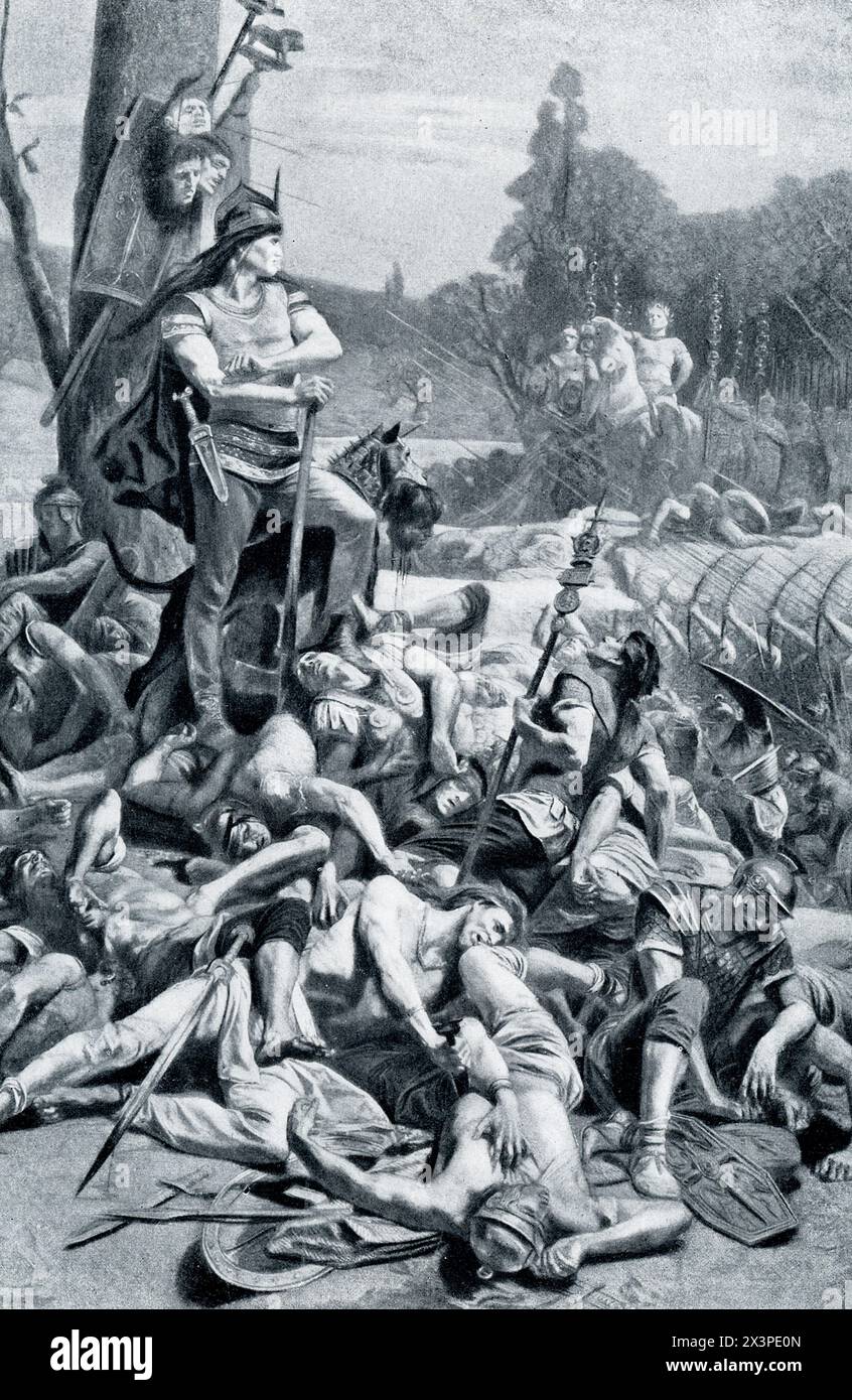 La légende du début des années 1900 se lit comme suit : « LE DERNIER COMBAT DES GAULOIS — Correus. — Correus, chef des Bellovaci, fut le dernier Gaulois à combattre les Romains conquérants. Lorsque sa tribu fut finalement mise en fuite, il resta seul sur le champ de bataille, infligeant la mort à droite et à gauche, aidé et gardé par ses chiens de combat sauvages, jusqu'à ce que les Romains s'en aillent et le submergent avec des flèches et des javelots. L’image est en partie symbolique, car au-delà de la figure sévère et désespérée de Correus, nous voyons l’approche ombragée de l’Omar pâle et faible mais irrésistible. » Banque D'Images