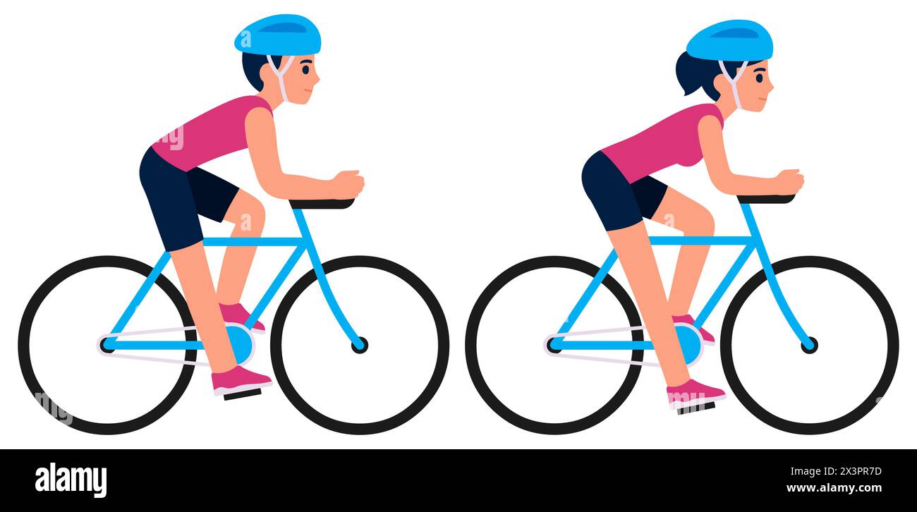 Homme et femme chevauchant des vélos de sport, illustration vectorielle plate. Cyclistes masculins et féminins, style de dessin animé simple. Illustration de Vecteur