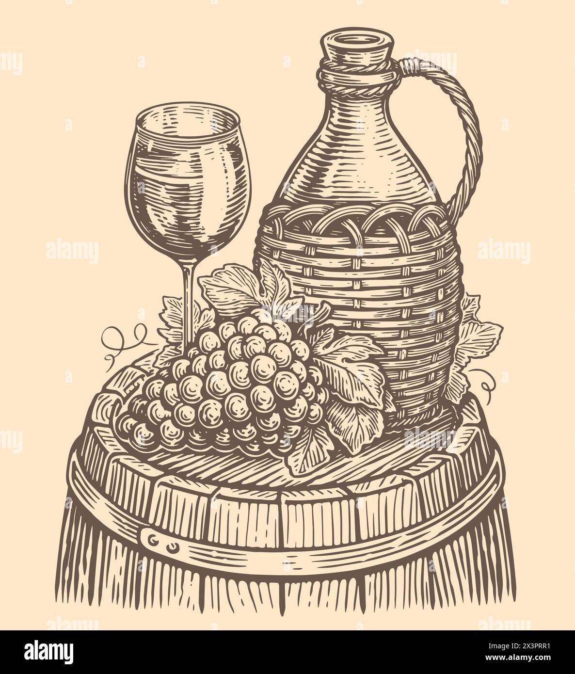 Concept de vin de nature morte. Cruche ou bouteille, fût de chêne, bouquet de raisins, verre. Esquisse vintage illustration vectorielle Illustration de Vecteur