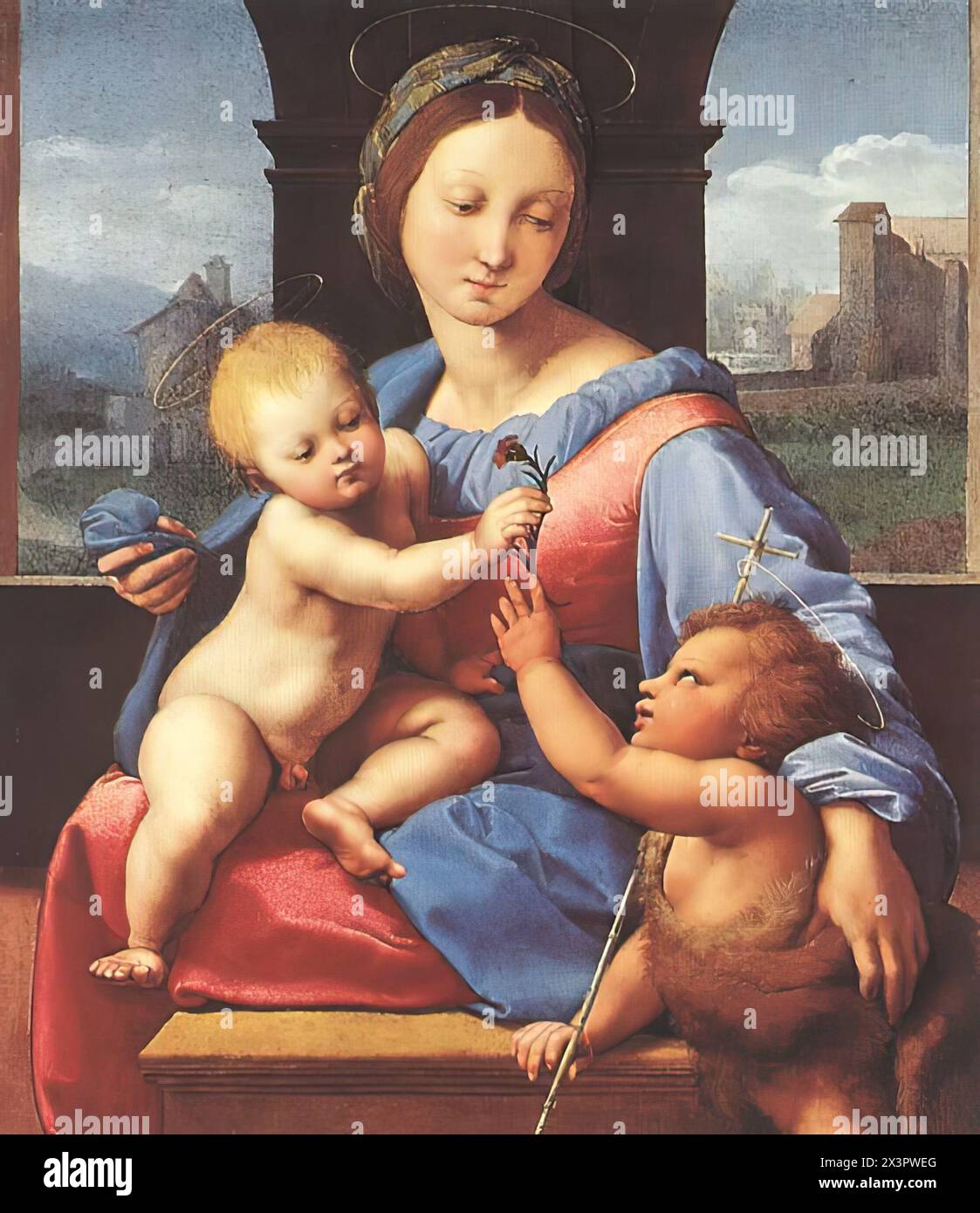 RAFFAELLO Sanzio (né en 1483, Urbino, mort en 1520, Roma) Aldobrandini Madonna (Garvagh Madonna) 1510 huile sur bois, 38,7 x 32,7 cm National Gallery, Londres la peinture était en possession de la famille Aldobrandini, puis au XIXe siècle elle était en Angleterre, dans la collection de Lord Garvagh. Le fond de la peinture montre probablement un paysage près de Rome. --- mots-clés : ------------- Auteur : RAFFAELLO Sanzio titre : Aldobrandini Madonna (Garvagh Madonna) chronologie : 1501-1550 École : Italien forme : peinture type : religieux Banque D'Images