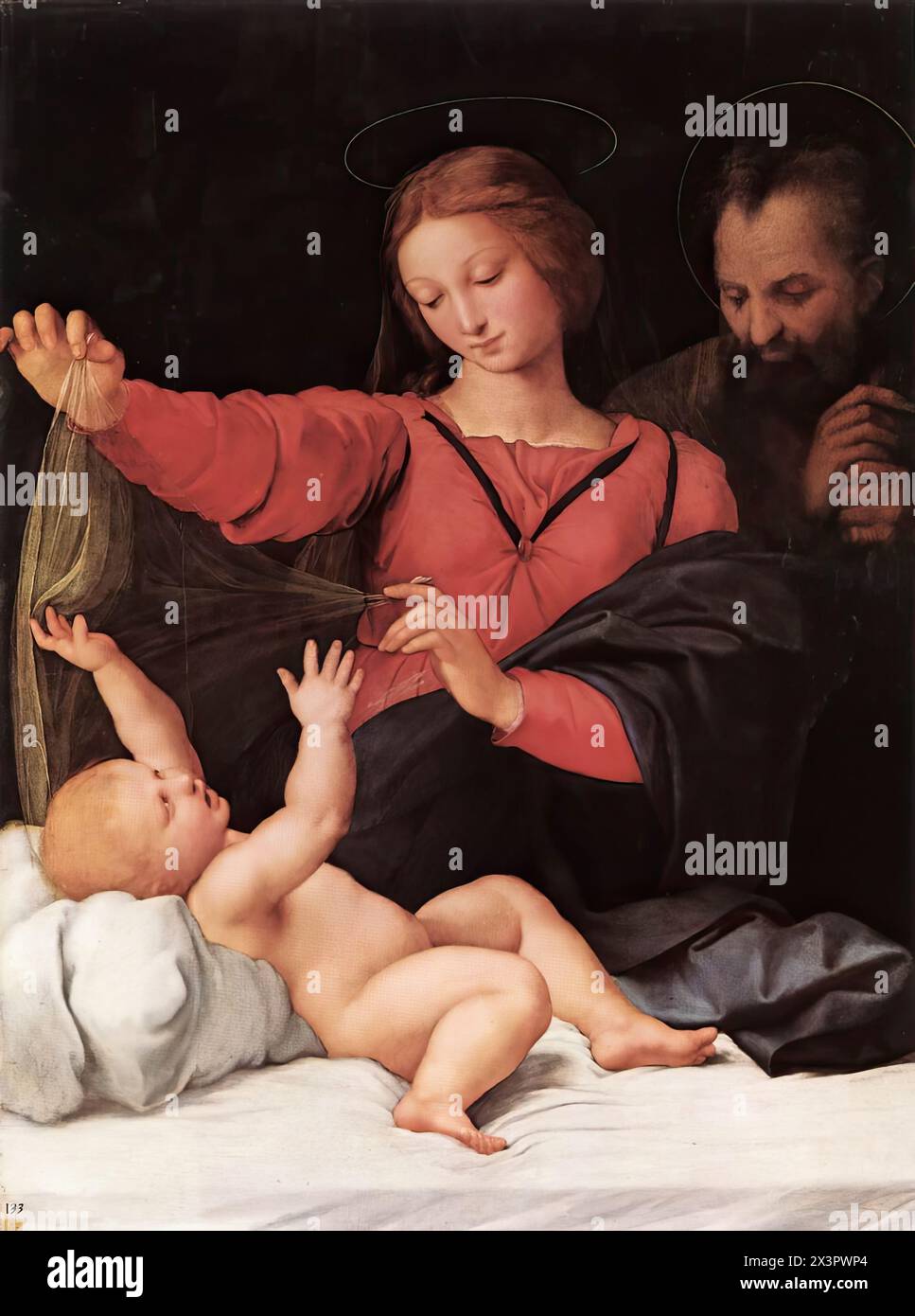 RAFFAELLO Sanzio (1483, Urbino, d. 1520, Roma) Madone de Lorette (Madonna del Velo) 1509-10 huile sur bois, 120 x 90 cm Musée Condé, Chantilly le tableau a été donné à l'église Santa Maria del Popolo à Rome par le pape Jules Ier La peinture, qui contient d'importantes peintures, a été attribuée à Penni jusqu'en 1979, date à laquelle elle a sans aucun doute été identifiée comme l'œuvre de Raphaël. C'est l'une des œuvres les plus copiées de Raphaël, le nombre d'exemplaires connus est proche de 120. Son nom est dérivé de l'une des copies - aujourd'hui perdues - de la basilique Santa Casa di Loreto à Rome. Cette copie a été pensée pour long TI Banque D'Images