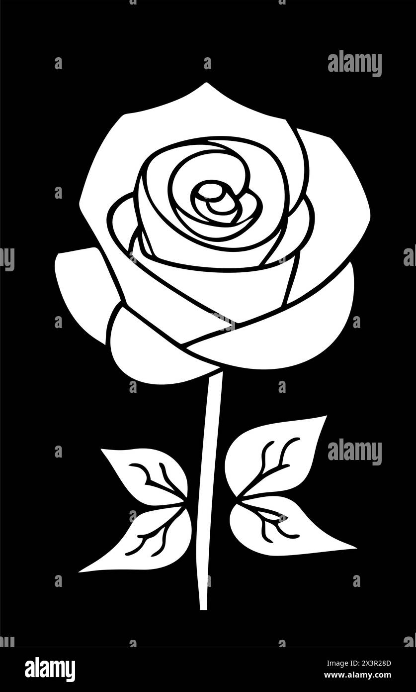 dessin graphique blanc d'une fleur de rose avec des feuilles sur un fond noir, logo Banque D'Images