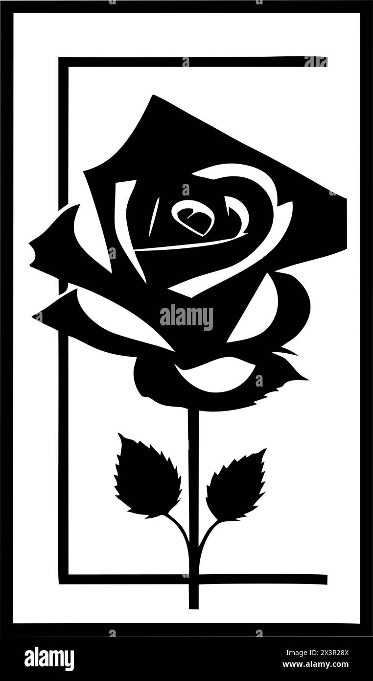 dessin graphique noir d'une fleur de rose avec des feuilles, monochrome, élément décoratif Banque D'Images