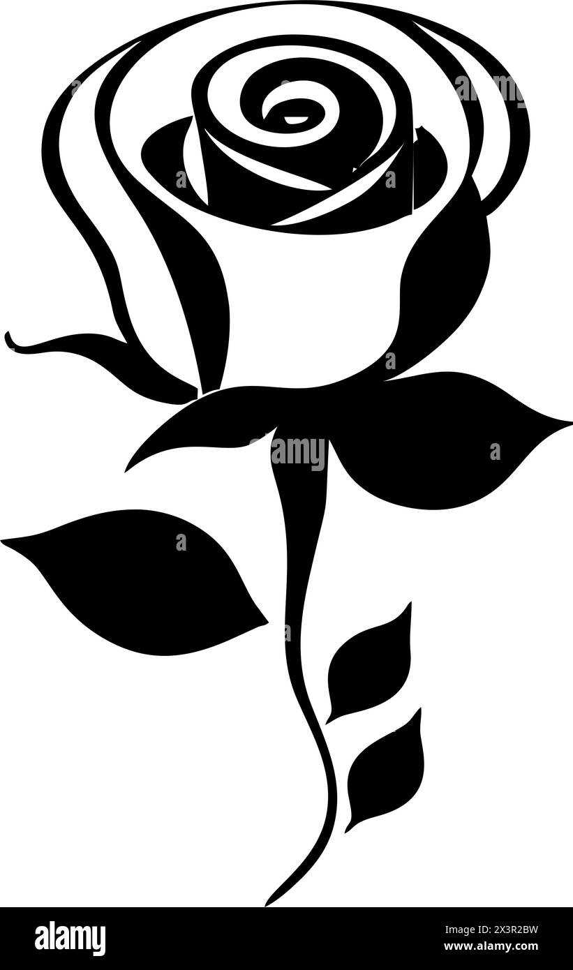dessin graphique noir d'une fleur de rose avec des feuilles, monochrome, élément décoratif Banque D'Images