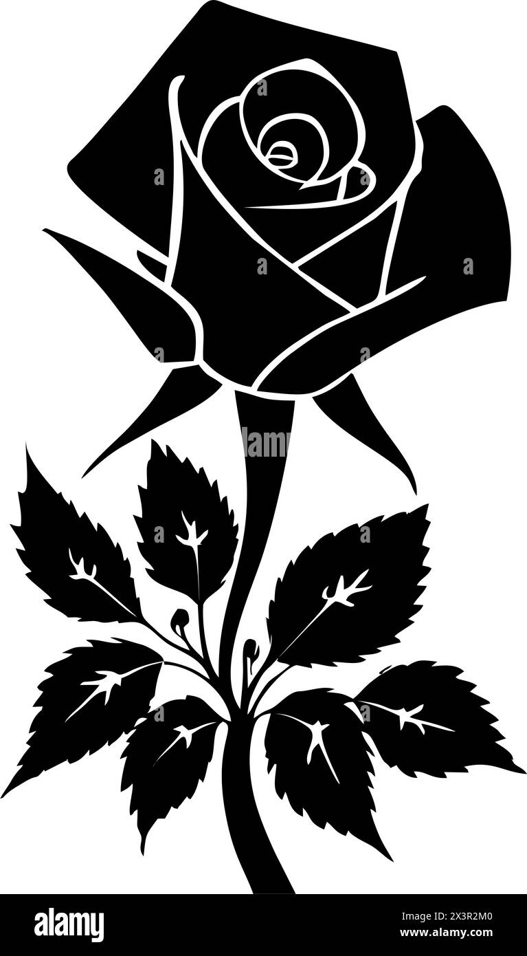 dessin graphique noir d'une fleur de rose avec des feuilles, monochrome, élément décoratif Banque D'Images