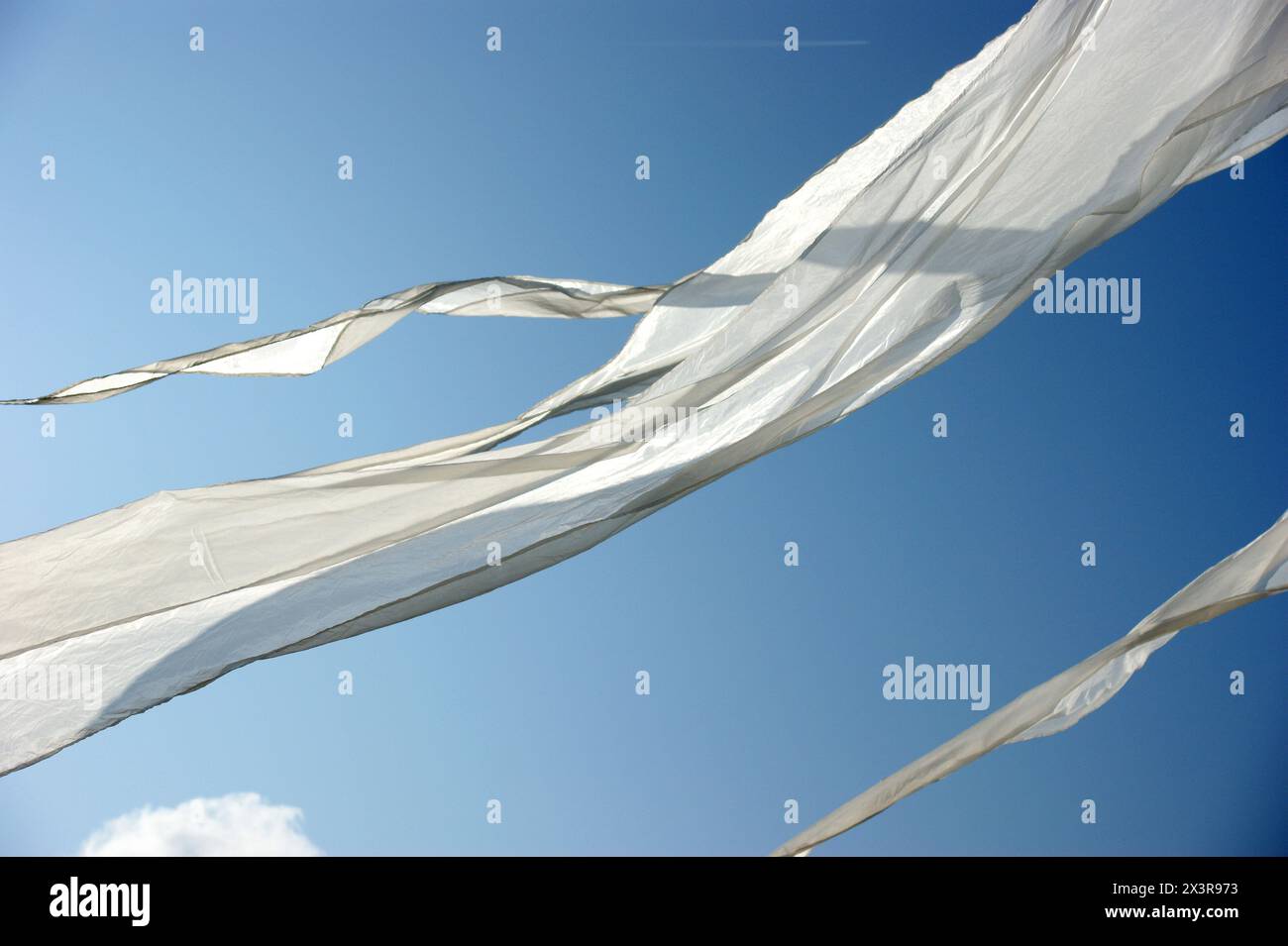 Draps blancs soufflant dans le vent contre un ciel bleu d'été Banque D'Images