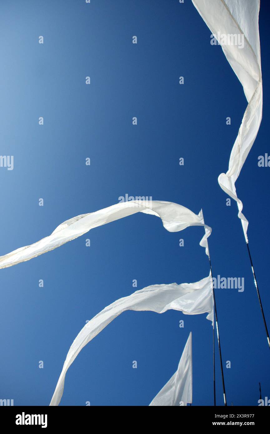 Draps blancs soufflant dans le vent contre un ciel bleu d'été Banque D'Images