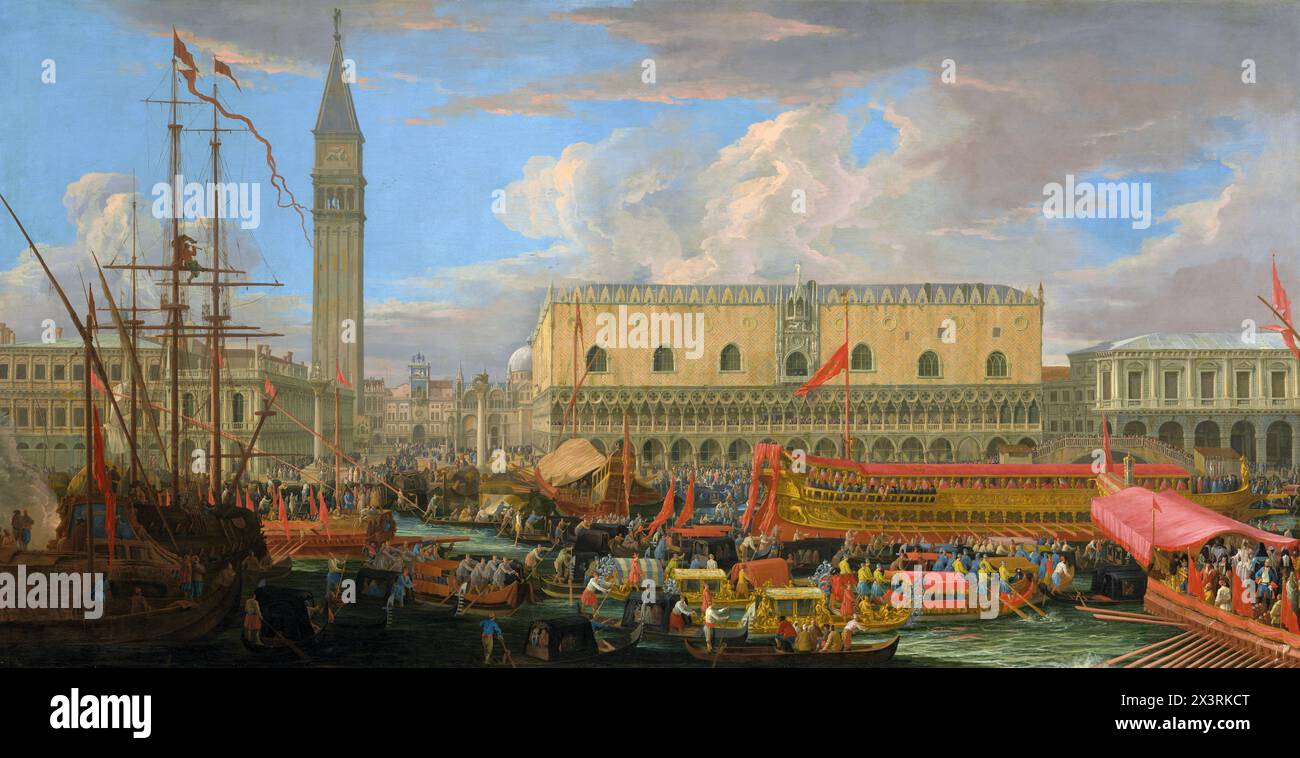 Peinture du Bucintoro partant du Bacino di San Marco Venise, par le peintre italien Luca Carlevarijs art art chef-d'œuvre, représente le Bucintoro, péniche cérémonielle de Venise, partant du bassin primaire de la ville en 1710, art vénitien du XVIIIe siècle Banque D'Images