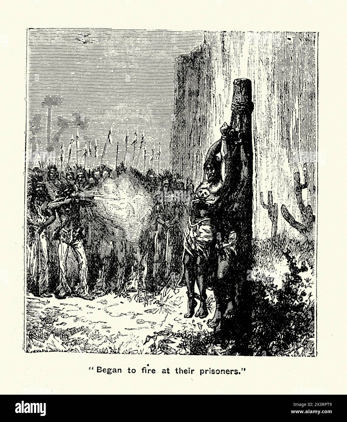 Vintage illustration guerriers amérindiens exécutant des prisonniers, Far West, victorien, années 1880, 19ème siècle Banque D'Images