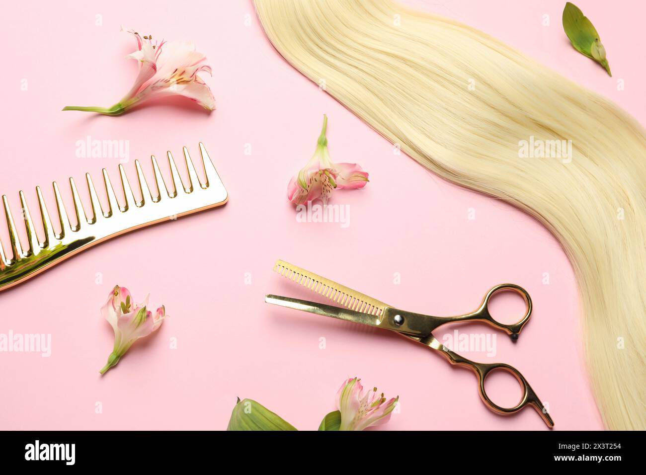 Outils de coiffure. Mèche de cheveux blonds, peigne, ciseaux et fleurs sur fond rose, pose plate Banque D'Images