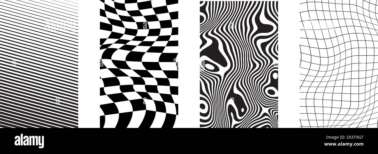 Ensemble de fonds rayés, déformés à carreaux et courbes. Motifs psychédéliques avec des carrés déformés, des lignes ondulées droites. Affiches groovy dans les années 60 rétro Illustration de Vecteur