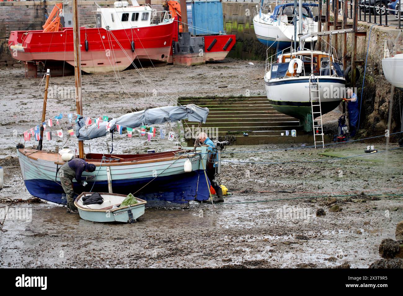 Les propriétaires de bateaux profitent de la marée basse pour effectuer l’entretien de leurs bateaux. Port de Brixham, Devon, Royaume-Uni Banque D'Images