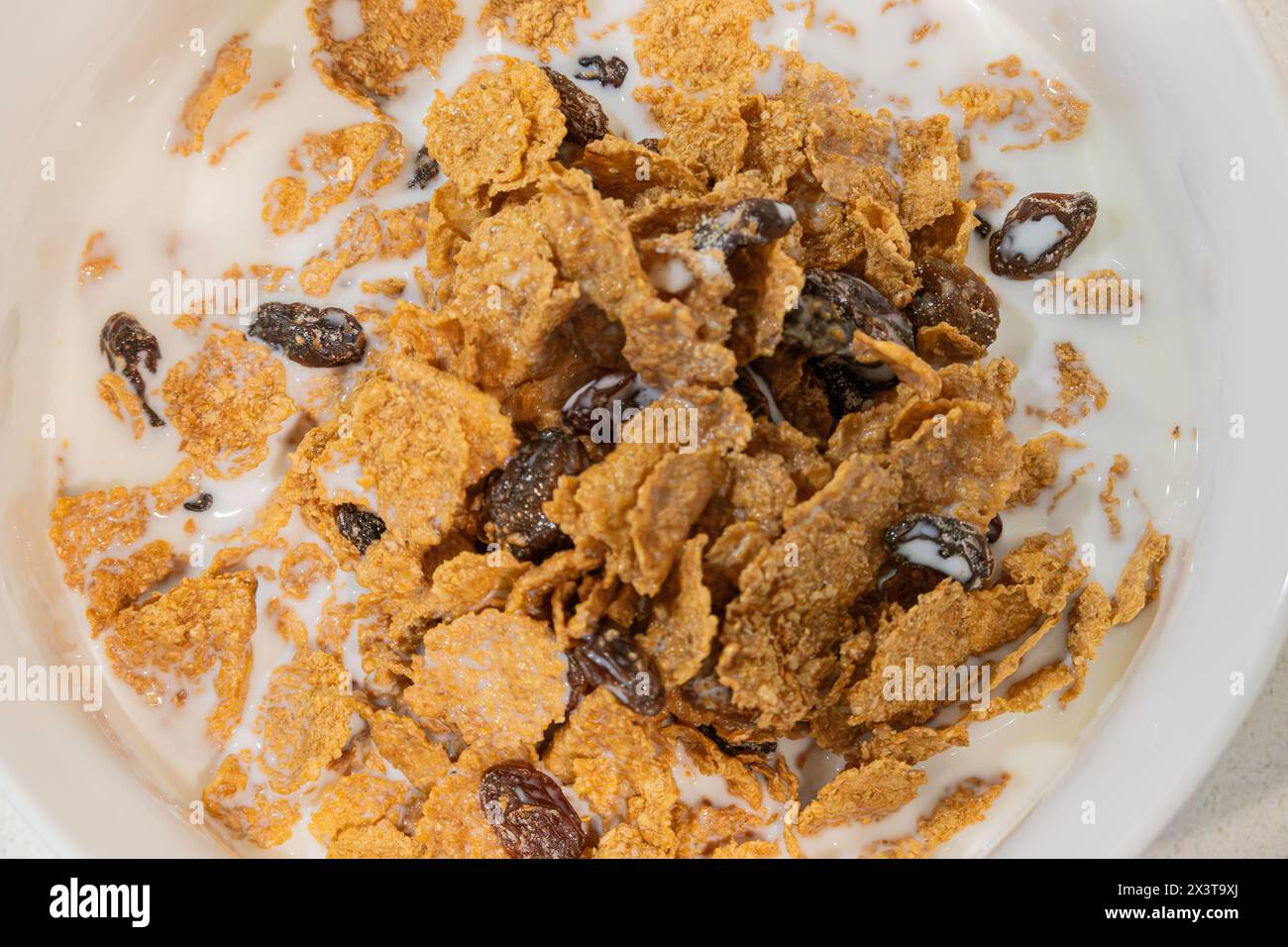 Bol blanc de céréales froides raisin Bran avec du lait, par le haut. Gros plan. ÉTATS-UNIS. Banque D'Images