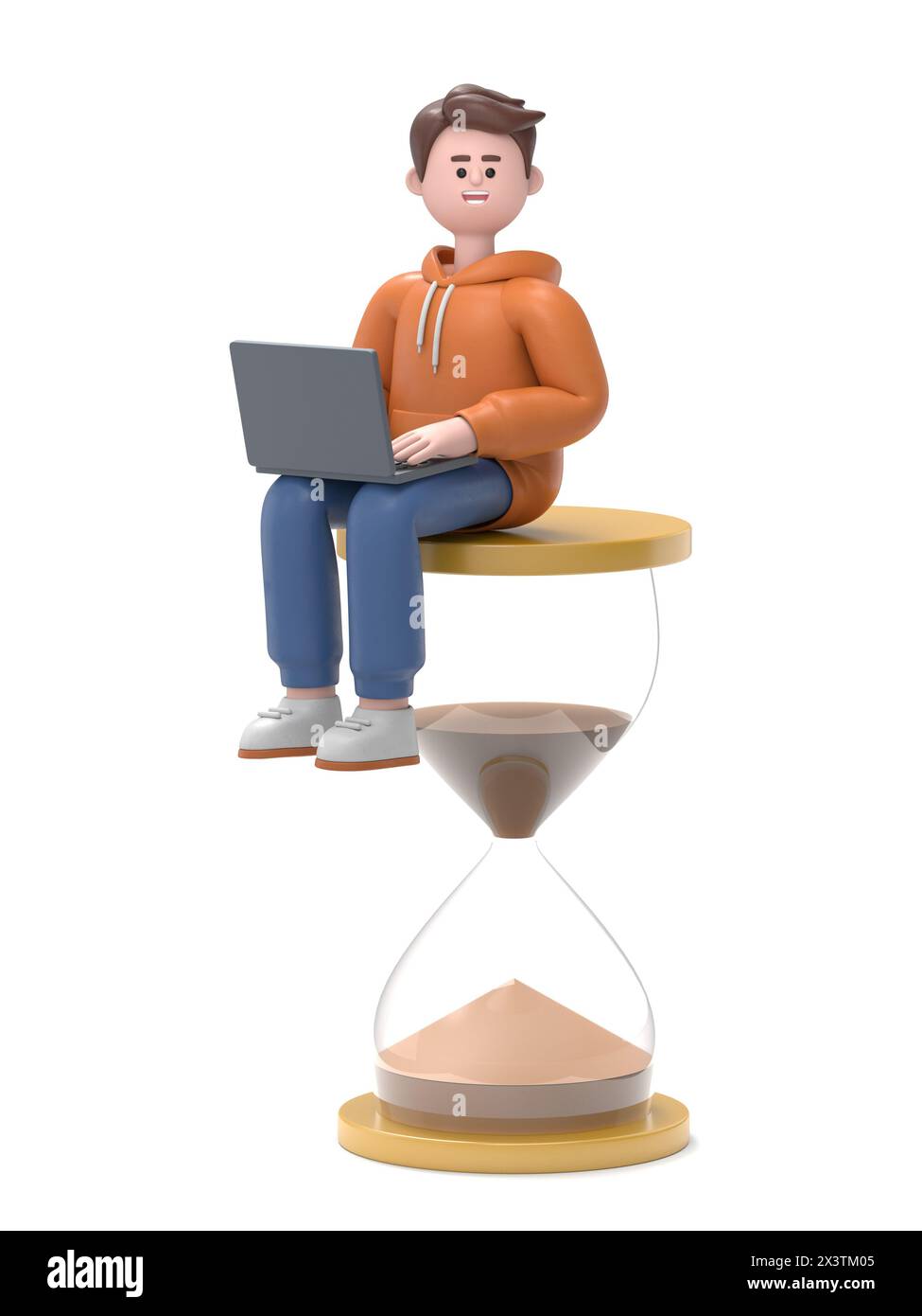 Illustration 3D de Guy Qadir masculin assis sur le sablier avec les jambes de l'ordinateur portable croisées. Concept commercial de la gestion du temps et de la procrastination. Banque D'Images