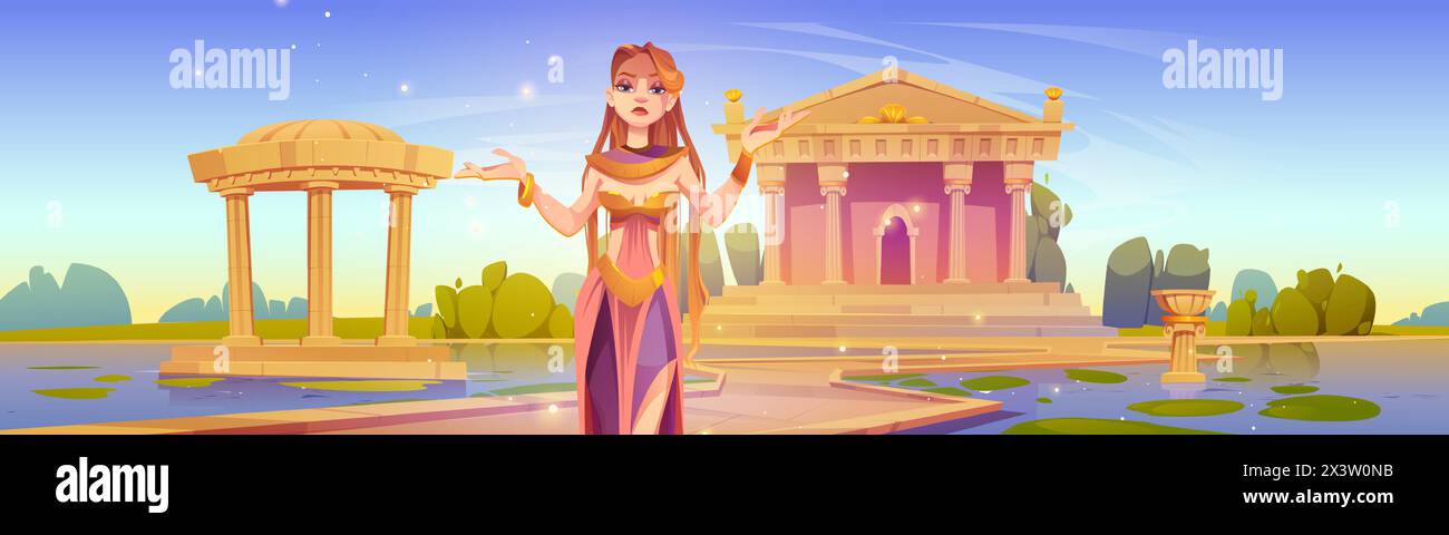 Ancien temple grec avec fond de vecteur de déesse. Monument romain et beau Dieu féminin. Fantaisie mythologie parthénon illustration de paysage. Route vers le paradis mythique symbole archéologique Illustration de Vecteur