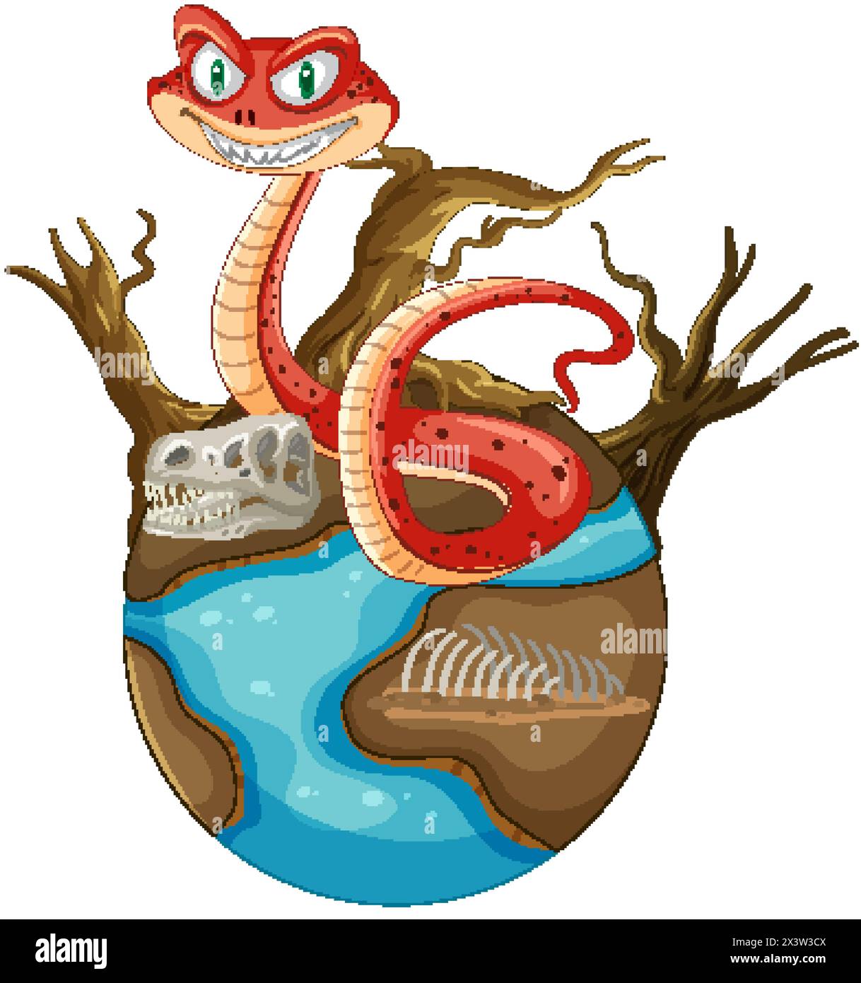 Serpent de dessin animé avec un sourire sournois sur une île hantée. Illustration de Vecteur