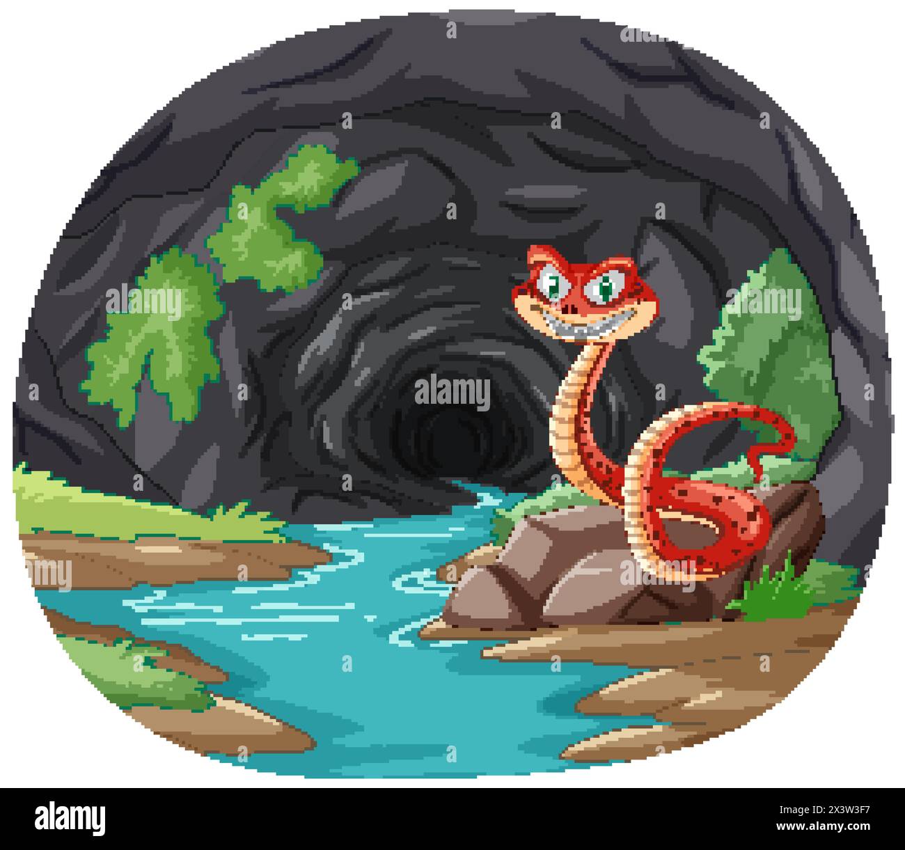 Serpent de dessin animé souriant à une entrée de grotte sombre. Illustration de Vecteur