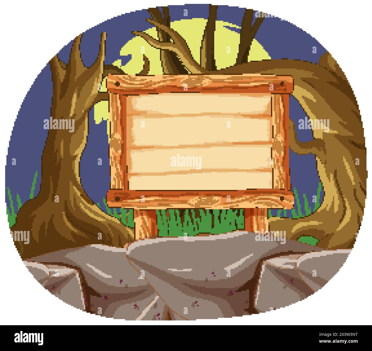 Panneau en bois dans un cadre de forêt mystique Illustration de Vecteur