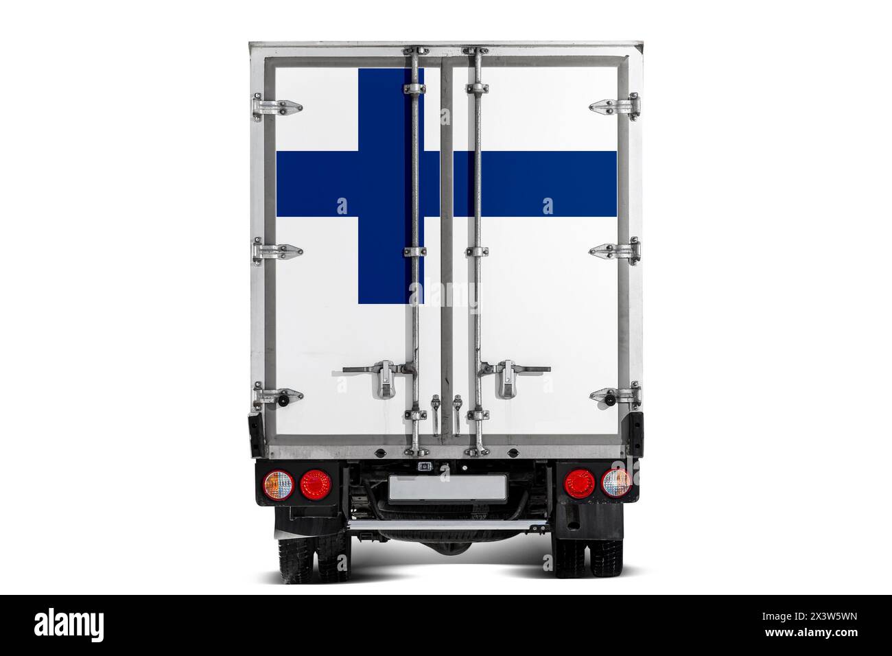 Un camion avec le drapeau national de la Grèce représenté sur le hayon roule sur un fond blanc. Concept d'exportation-importation, transport, nation Banque D'Images