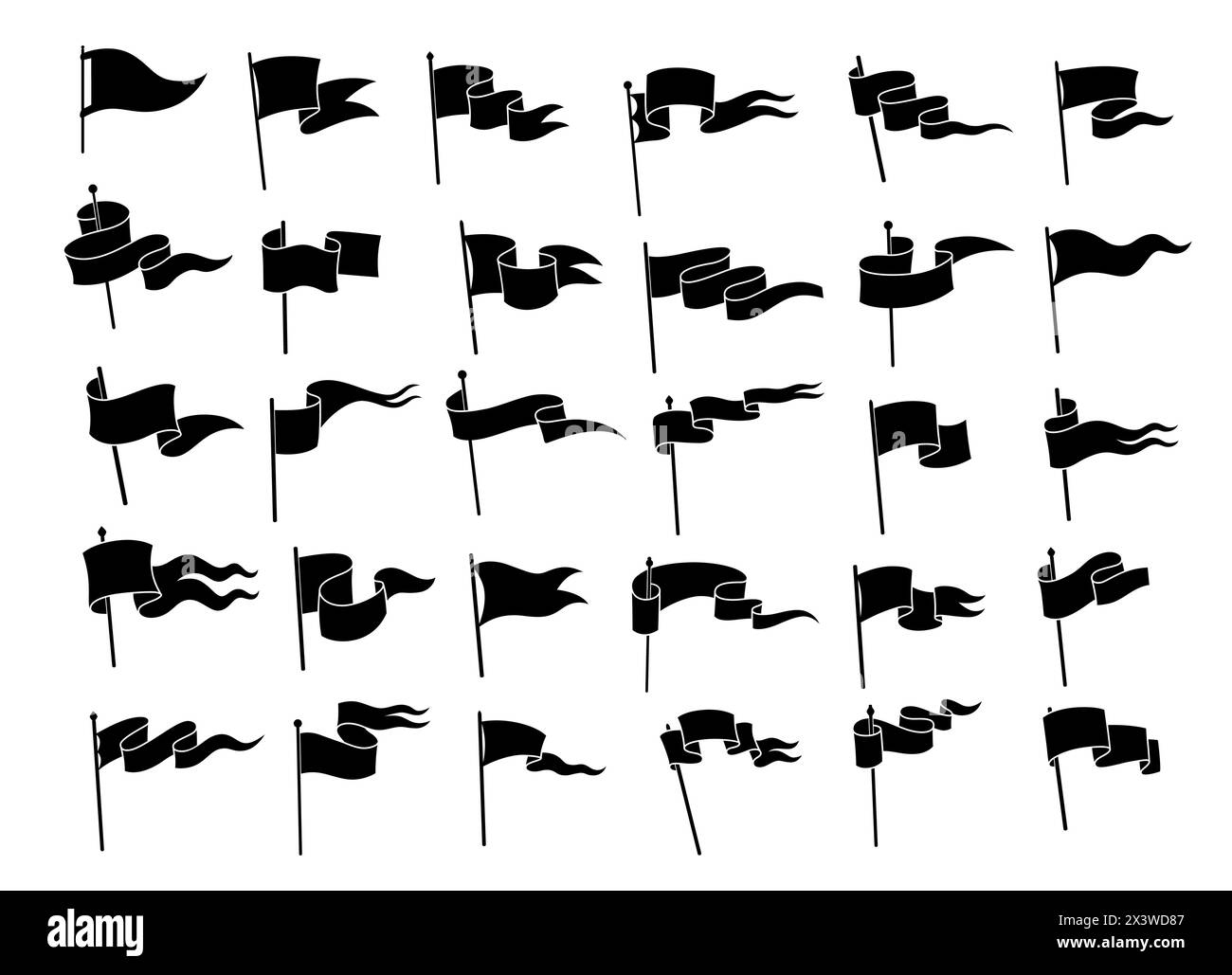 Drapeaux noirs rétro. Ensemble vectoriel isolé de bannières triangulaires, agitant des fanions sur des bâtons de mât de drapeau. Silhouettes monochromes de médiéval, antique Illustration de Vecteur