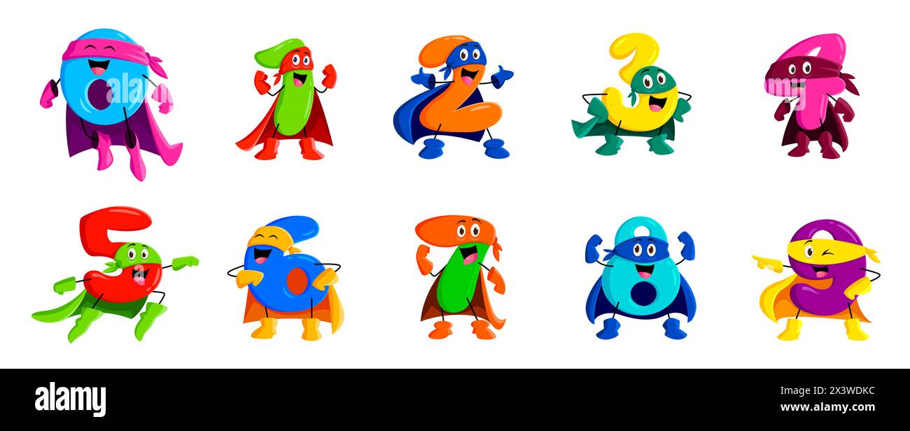 Personnages de super-héros de numéro mathématique de dessin animé dans les capes de super-héros, tuteurs drôles de vecteur. Mignon nombres kawaii dans le manteau de puissance de super-héros et des masques pour les enfants l'éducation mathématique ou les nombres comptent apprendre Illustration de Vecteur