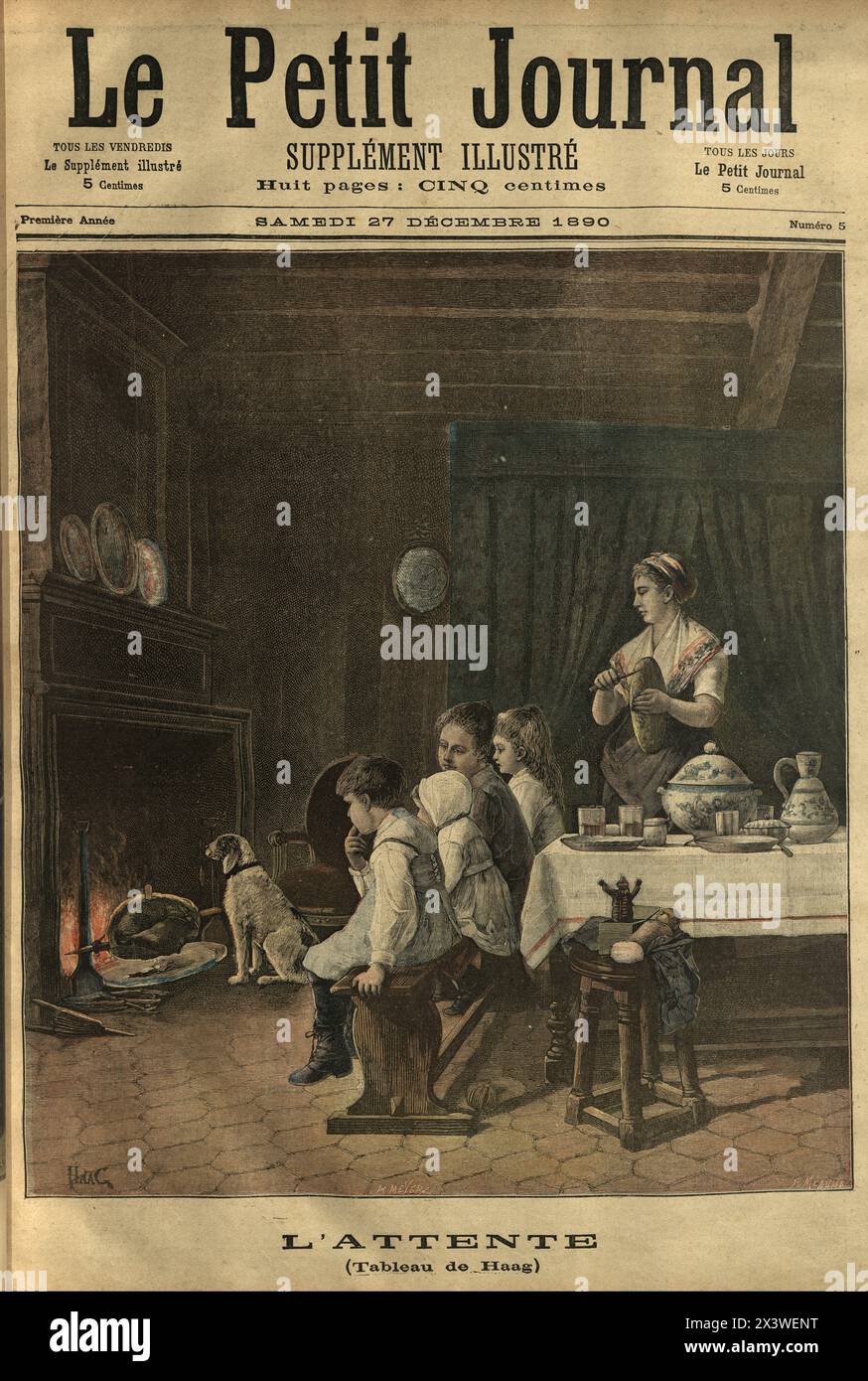 Page de journal français, The Wait, Family and Pet dog attendant une dinde à cuisiner près du feu ouvert, d'après le tableau de Carl Hagg, années 1890, 19ème siècle Banque D'Images
