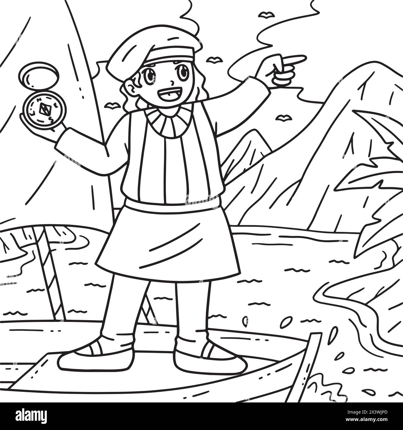 Columbus Day Explorer avec la page de coloration de la boussole Illustration de Vecteur