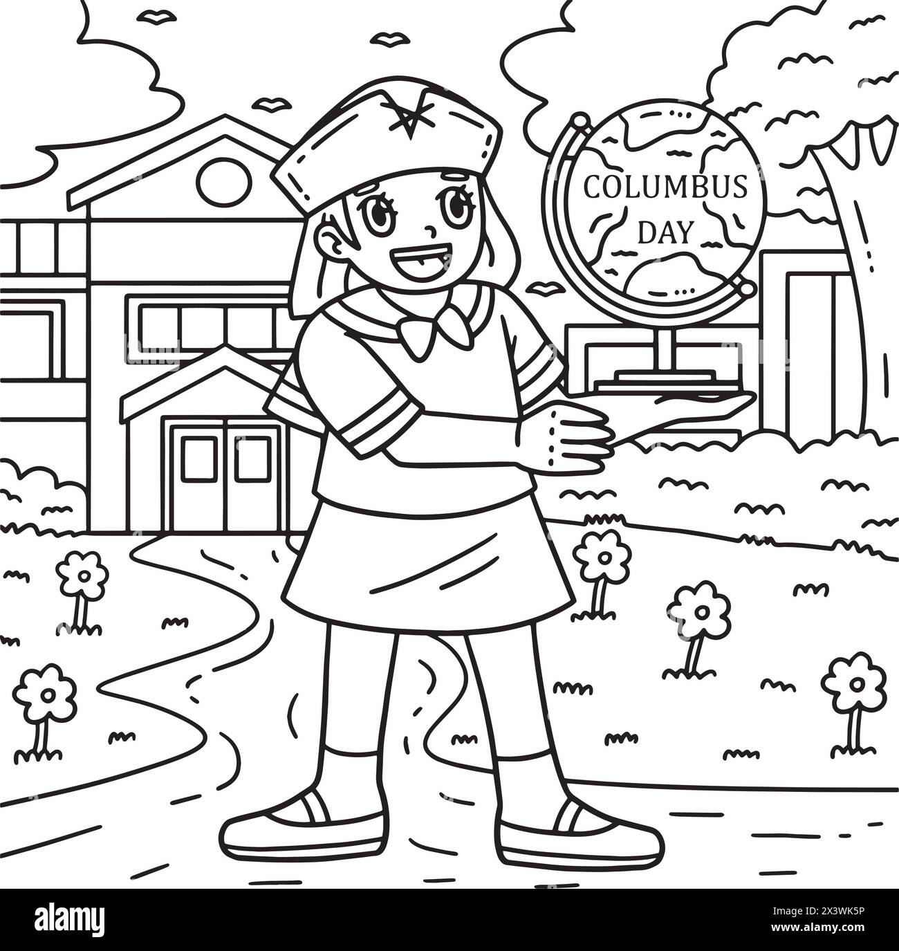 Columbus Day Girl Holding Globe Coloring page Illustration de Vecteur