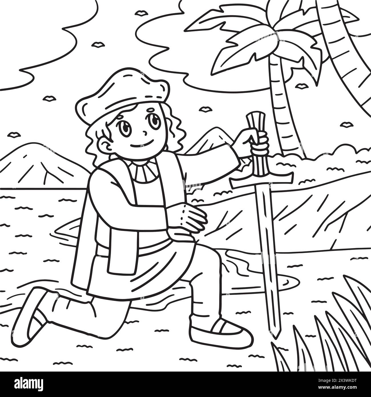 Columbus Day Man Kneeling on Shore Coloring page Illustration de Vecteur