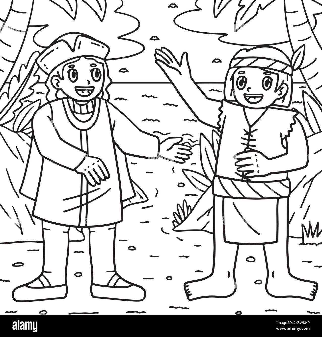 Columbus Day Two Man Talking Coloring page Illustration de Vecteur