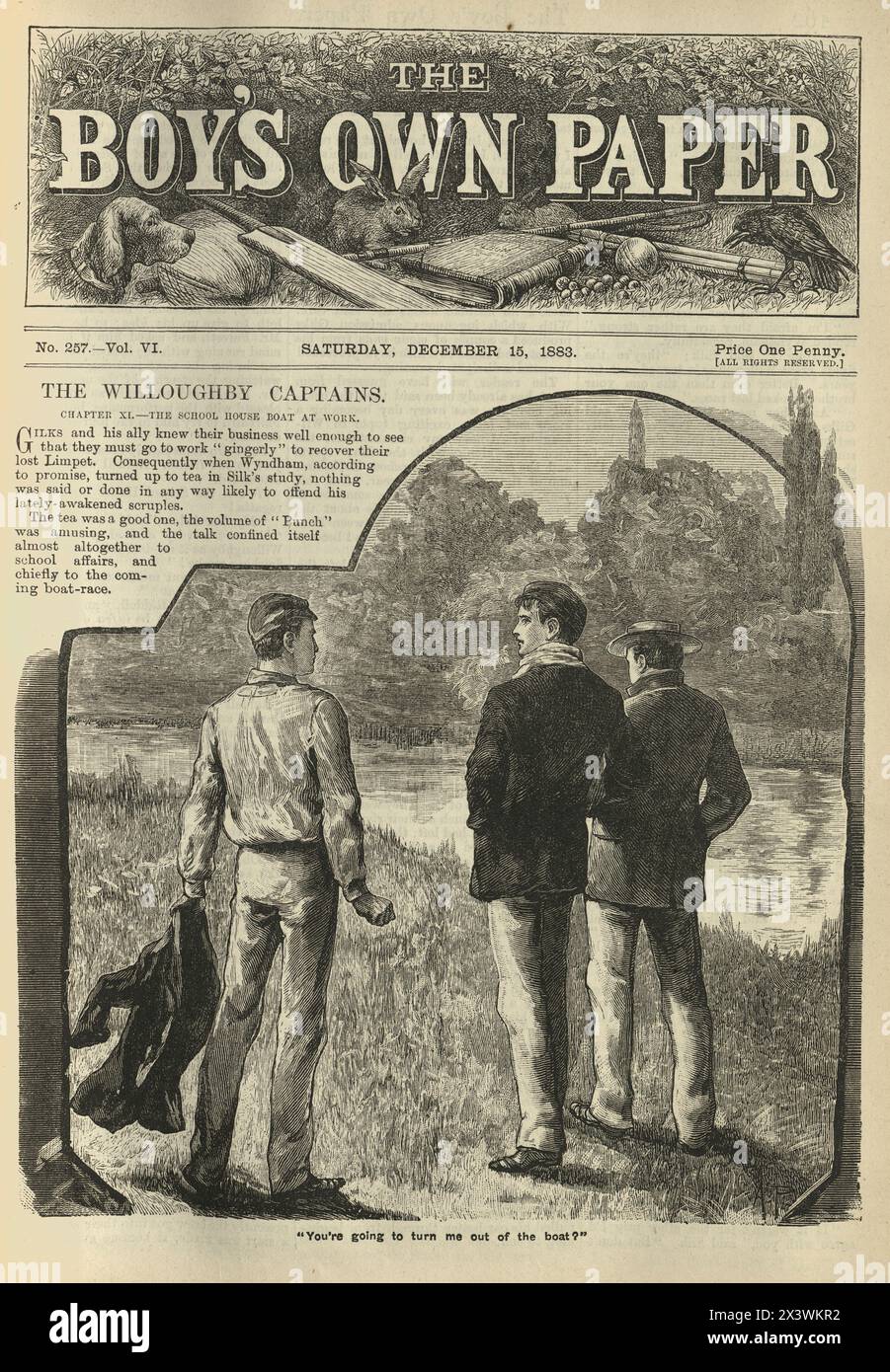 Vintage illustration Willoughby Captains, garçons de l'école publique victorienne marchant près d'une rivière, années 1880, 19ème siècle, Boy's Own Paper Banque D'Images