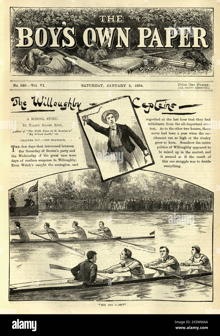 Illustration vintage de l'école publique victorienne garçon course de bateau, histoire sport aviron, années 1880 19ème siècle. Boy's Own Paper Banque D'Images