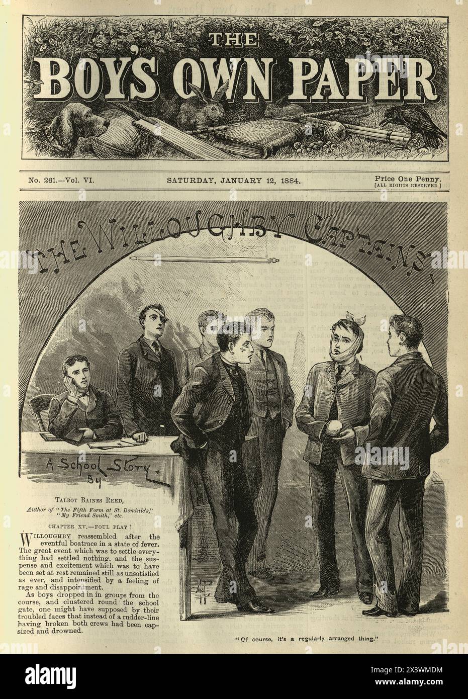 Vintage illustration groupes de garçons d'école publique victorienne, un avec bandage, mal de dents, victorien, années 1880, XIXe siècle Banque D'Images