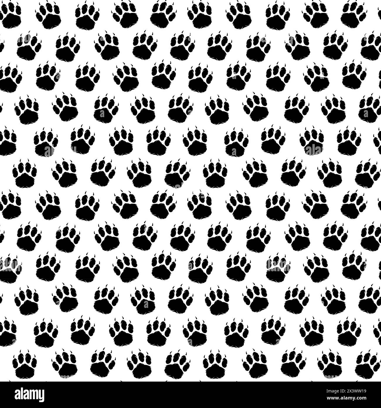 Motif sans couture noir et blanc d'empreintes de pattes de chien. Silhouette. Empreintes de pas de chiot. Pattes d'animal de compagnie fourrure avec griffes. Isolé sur fond blanc. Impression, textile, papier d'emballage Illustration de Vecteur