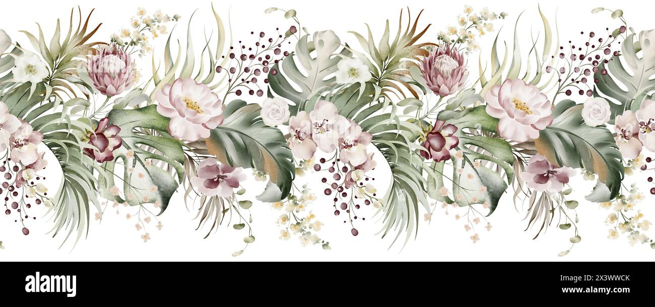 Bordure florale aquarelle de fleurs tropicales et de feuilles. Banque D'Images