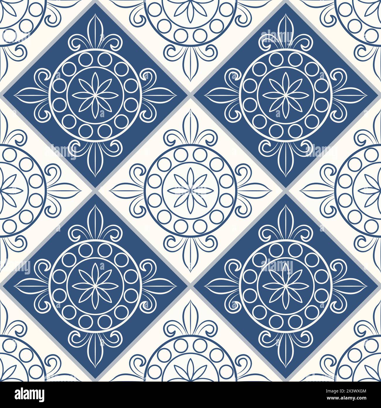 Magnifique motif sans couture de bleu foncé et blanc marocain, carreaux portugais, Azulejo, ornements. Illustration de Vecteur