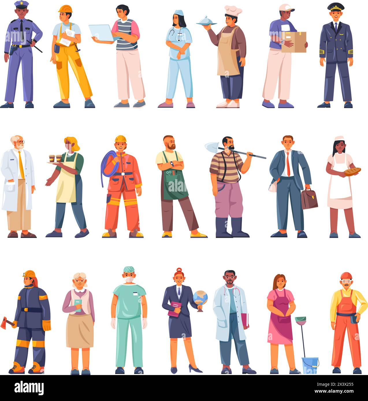 Différentes professions. Divers emplois professionnels, personnages de gens de bande dessinée dans les travailleurs domestiques uniformes, jour du travail ou emploi des heures illustration vectorielle récente de l'emploi du travail Illustration de Vecteur