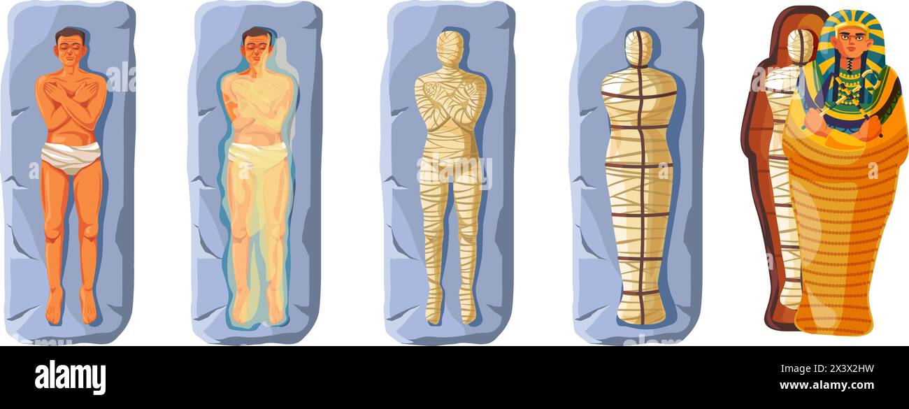 Procédé de momification. Peinture égyptienne ancienne momie dans le sarcophage pharaon, embaumement enterrer mort religion rituelle égyptienne, histoire mort toutankhamon, illustration vectorielle récente des étapes funéraires du pharaon Illustration de Vecteur