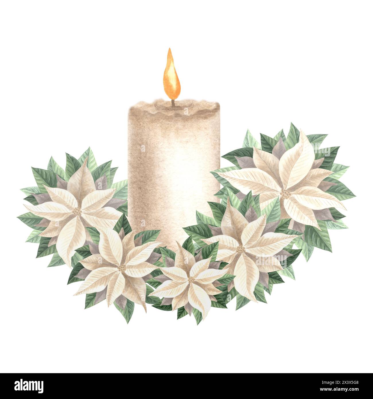 Bougie brûlant avec des fleurs blanches poinsettia. Décoration de Noël en vintage. Conception de vacances d'illustration d'aquarelle dessinée à la main. Modèle isolé pour Banque D'Images