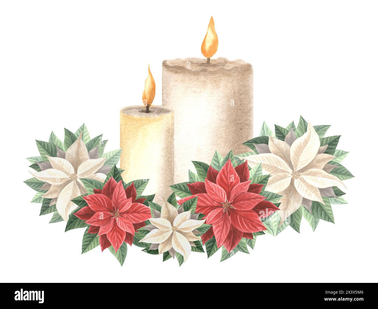 Bougies avec poinsettia fleurs rouges et blanches. Décoration de Noël en vintage. Conception de vacances d'illustration d'aquarelle dessinée à la main. Modèle isolé f Banque D'Images