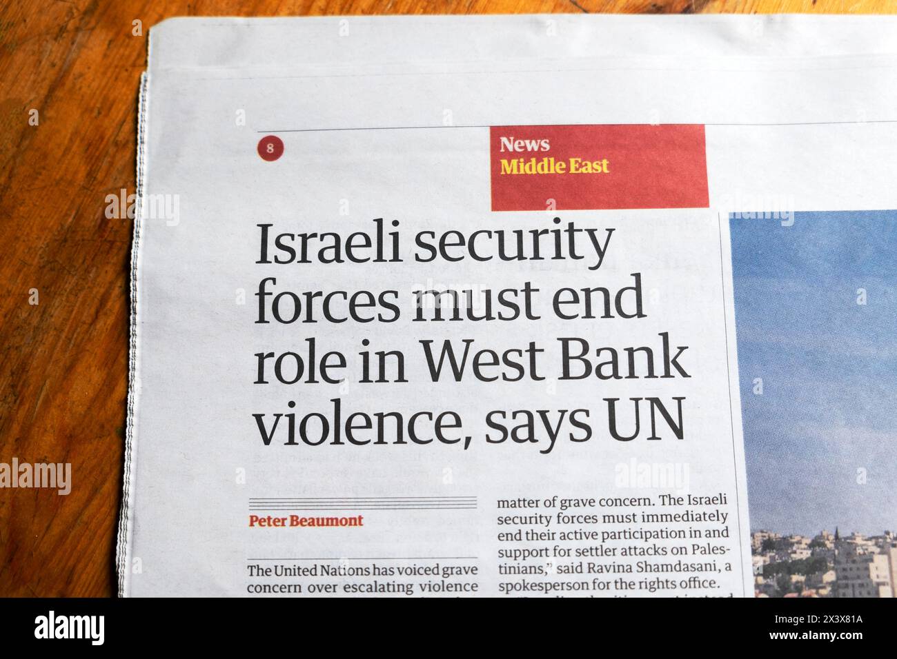 "Les forces de sécurité israéliennes doivent mettre fin à leur rôle dans la violence en Cisjordanie, selon le titre du journal Guardian de l'ONU 17 avril 2024 Londres Royaume-Uni Banque D'Images