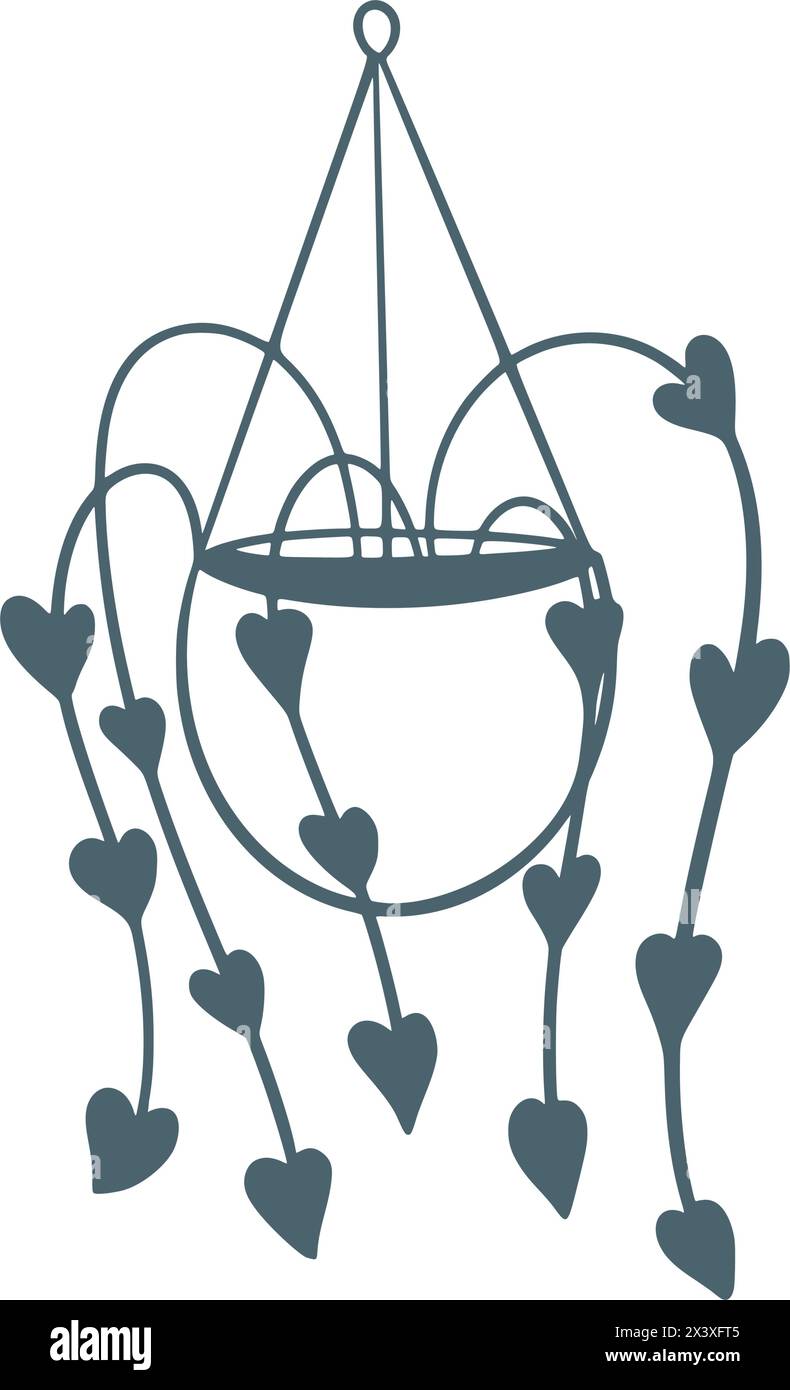 Plante d'intérieur suspendue dans le style croquis de doodle pot. Fleur à la maison mignonne avec des feuilles en forme de coeur contour de ligne d'encre illustration isolée Illustration de Vecteur