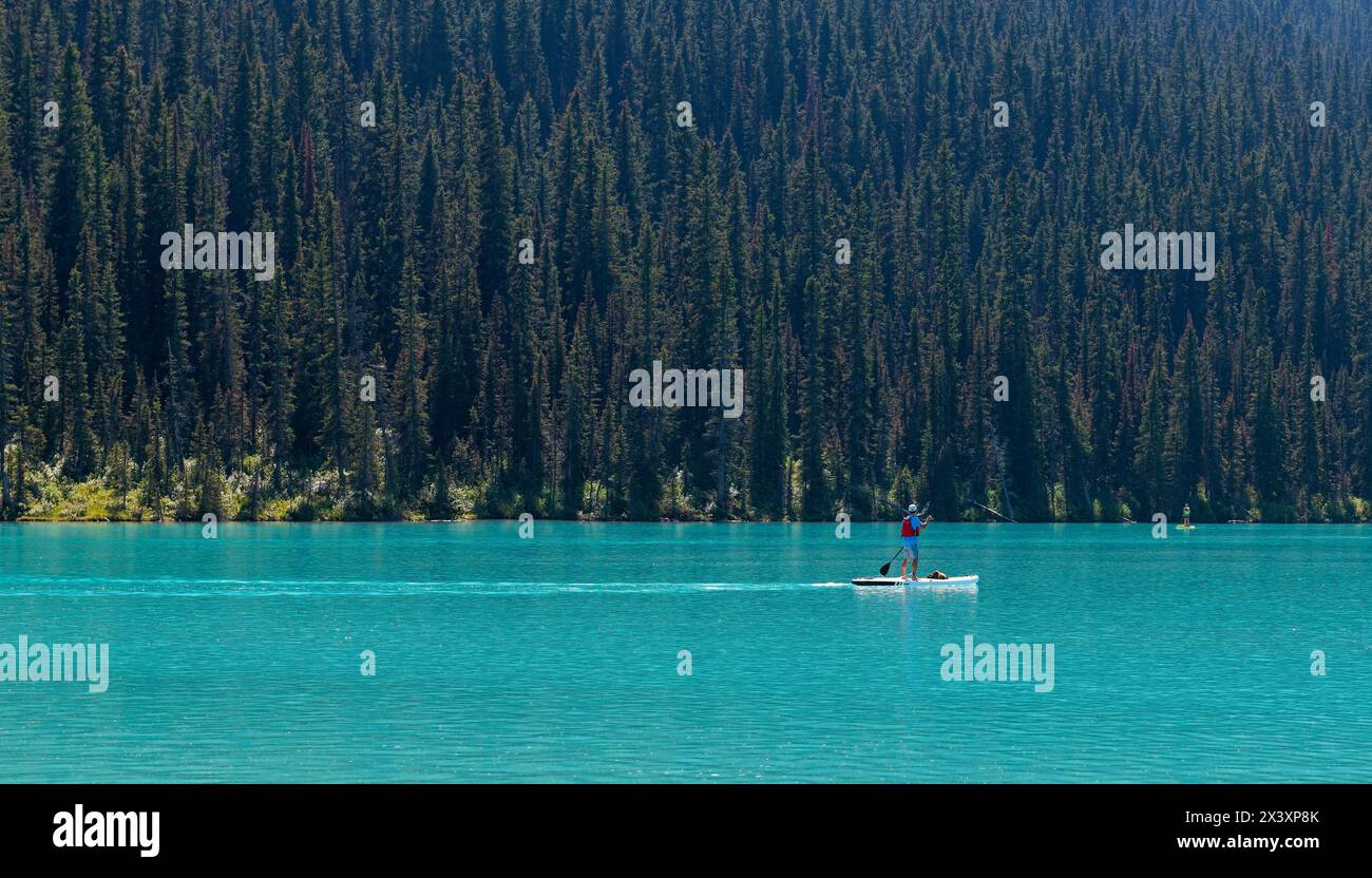 Stand up paddle sur les eaux turquoises du lac Louise, parc national Banff, Canada. Banque D'Images