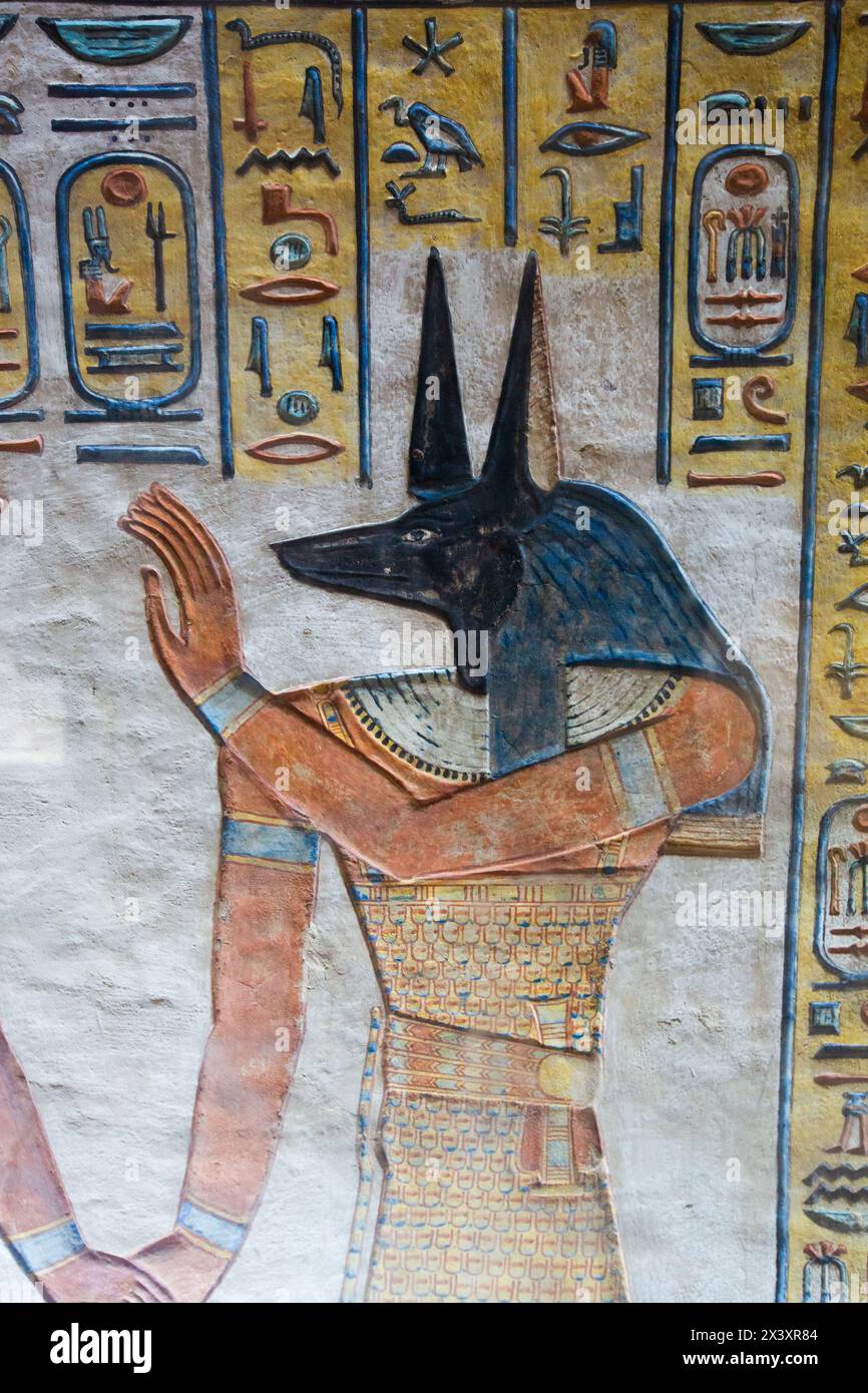 Dieu Anubis, Bas relief, Tombeau du Prince Amenherkhepshef, QV55, Vallée des Reines, Thèbes antiques, site du patrimoine mondial de l'UNESCO, Louxor, Égypte Banque D'Images