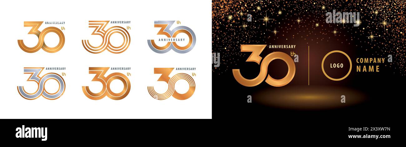 Ensemble de conception de logotype du 30e anniversaire, célébration d'anniversaire de trente ans. 30 ans célébrant l'anniversaire logo argent et doré pour la célébration Illustration de Vecteur