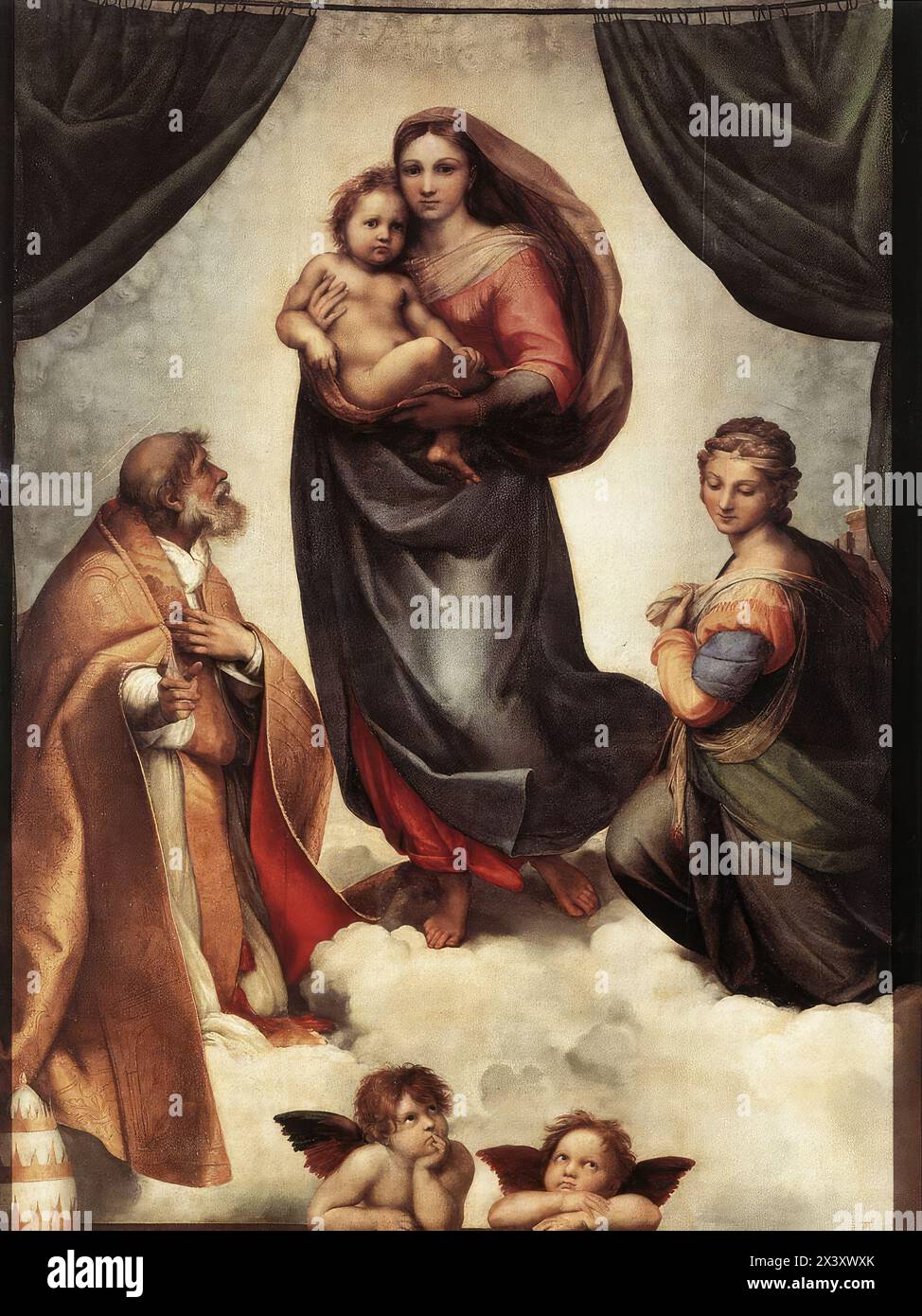 RAFFAELLO Sanzio (né en 1483, Urbino, mort en 1520, Rome) la Vierge Sixtine 1513-14 huile sur toile, 265 x 196 cm Gemäldegalerie, Dresde la toile avec la Vierge, l'enfant et les saints Sixte et Barbara, généralement appelée la Vierge Sixtine, est caractérisée par un espace imaginaire créé par les figures elles-mêmes. Les personnages se tiennent sur un lit de nuages, encadrés par de lourds rideaux qui s'ouvrent de chaque côté. La Vierge semble en fait descendre d'un espace céleste, à travers le plan de l'image, dans l'espace réel dans lequel la peinture est accrochée. Le geste de St Sixte et le regard de St Barbara semblent Banque D'Images